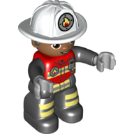 Duplo Figure with Helmet White, Black Legs, Safety Jacket with Reflective Stripes, Green Eyes, Stubble Print (Firefighter)