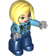 Duplo Figure with Straight Hair with Left Parting Bright Light Yellow, Dark Blue Legs, Police Shirt and Badge Print