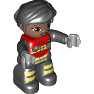 Duplo Figure with Thick Short Hair Combed over Forehead Black, Black Legs, Jacket with Bright Light Yellow Safety Stripes, Fire Badge, and Radio Print (Firefighter)