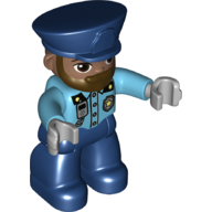 Duplo Figure with Police Style Hat Dark Blue, with Dark Blue Legs, Dark Brown Beard, Shirt with Police Badge and Radio Print
