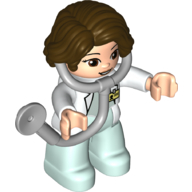 Duplo Figure with Hair Side Parted Dark Brown, Light Aqua Legs, White Top with ID Badge, White Arms, Attached Stethoscope (Medic)