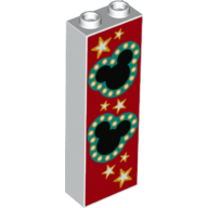 Brick 1 x 2 x 5 with Hollow Studs and Bottom Stud Holder with Symmetric Ridges with Black Hidden Mickeys, with Dark Turquoise Border, Stars and Red Background Print