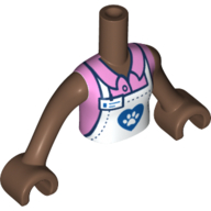 Minidoll Torso Girl with White Apron, Dark Blue Heart, Bright Pink Shirt, Medium Brown Arms and Hands