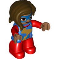 Duplo Figure with Long Hair Section in Front Dark Brown, Red Legs, Gold Lightning Stripe Print (Ms Marvel)
