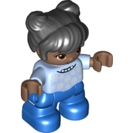 Duplo Figure Child with Two Buns on Top and Long Bangs Black, with Blue Legs, Bright Light Blue Shirt Print