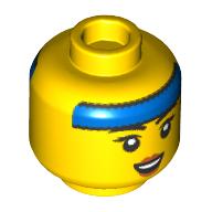 Minifig Head, Female, Blue Sweatband, Dark Pink Lips, Small Open Mouth Smile/Closed Eyes Lobsided Grin print