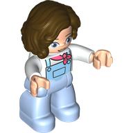 Duplo Figure with Long Hair Parted on Left Reddish Brown, Bright Light Blue Legs, Coral Neckerchief Print