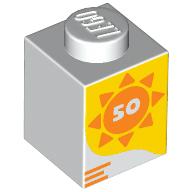 Image of part Brick 1 x 1 with Orange Sun, '50' on Yellow Background print
