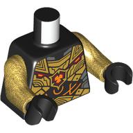 Image of part Torso Armour, Gold and Dark Bluish Gray Plates with Orange and Dark Red Symbol and Circuitry print, Pearl Gold Arms, Black Hands