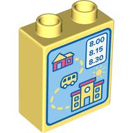 Duplo Brick 1 x 2 x 2 with Bottom Tube, House, Bus, School, and '8:00, 8:15, 8:30' Print