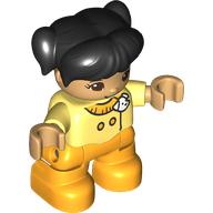 Duplo Figure Child with Ponytails and Bangs Black, Bright Light Orange Legs, JAcket with White Badge Print
