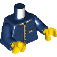 Image of part Torso, Conductor Uniform, Gold Buttons, Trim, Trains Logo print, Dark Blue Arms, Yellow Hands