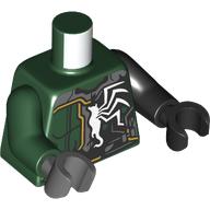 Image of part Torso, Odd Arms and Hands, Dark Green Armor, Yellow Line, Black Venom Transition, White Spider print, Left Black Arm and Hand, Right Dark Green Arm and Dark Bluish Grey Hand