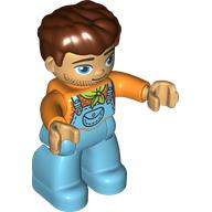 Duplo Figure with Thick Hair Combed Forward Reddish Brown, with Bright Light Blue Overall