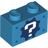 Brick 1 x 2 with '?' on Gear Background and Blue Spots Print