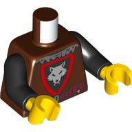 Image of part Torso, Silver Wolf on Black Shiels, Red Border print (Wolfpack), Black Arms, Yellow Hands