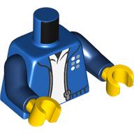 Image of part Torso, Jacket, Zipper, Dots (LEGO Designer Logo), White Shirt print, Dark Blue Arms, Yellow Hands