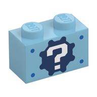 Brick 1 x 2 with '?' on Gear Background and Blue Spots Print Medium Azure