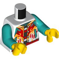 Torso, Jacket, Red/Bright Light Orange Dark Turquoise Shapes, Dragon/Monkey on Back, Black Shirt print, Dark Turquoise Arms, Yellow Hands