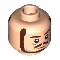 Image of part Minifig Head Qui-Gon Jinn, Reddish Brown Eyebrows, Moustache, Beard, Dark Bluish Grey Streaks, Wrinkles. Closed Mouth / Angry Open Mouth Print