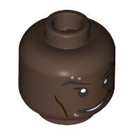 Minifig Head Hobie Brown, Black Eyebrows, Silver Piercings, Lopsided Smile / Raised Eyebrow