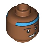 Minifig Head Pavitr Prabhakar, Black Eyebrows, Blue Head Band, Lopsided Grin, Raided Eyebrow / Angry Scowl