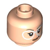 Minifig Head Stephanie "Stef" Steinbrenner, White Glasses, Dark Tan Eyebrows, Smirk / Bright Pink Bubble Gum