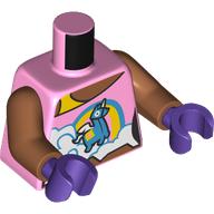 Torso, Bright Pink Top, Yellow Strap, Dark Azure Unicorn on Clouds print, Sienna Brown Arms, Dark Purple Hands