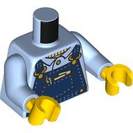 Torso, Blue Overall, Tan Stitching, Pen, Note, Gold Clasps, Buttons, Shirt print, Bright Light Blue Arms, Yellow Hands