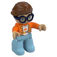 Duplo Figure with Hair Swept Right Reddish Brown, Dark Blue Glasses, with Medium Azure Legs, Shirt Print