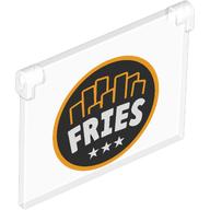 Image of part Glass for Window 1 x 4 x 3 [Opening] with White 'FRIES', 3 Stars on Black Background, Bright Light Orange Circle, Fries print