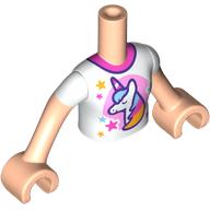 Image of part Minidoll Torso Girl with Light Nougat Arms and Hands with White Shirt, Dark Pink Collar, Unicorn on Bright Pink Circle print