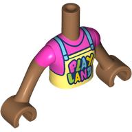 Minidoll Torso Girl with Medium Nougat Arms and Hands with Bright Light Yellow Apron, Medium Blue Straps, Dark Pink Shirt, 'PLAY LAND' print
