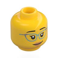 Minifig Head, Black Eyebrows, Metal Blue Glasses, Peach Lips, Closed Mouth / Open Mouth Smile