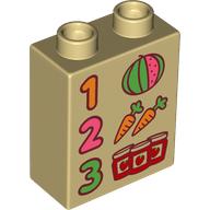 Duplo Brick 1 x 2 x 2 with Bottom Tube with '1', '2', '3', Jam Jars, Carrots, and Watermelon Print