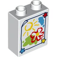 Duplo Brick 1 x 2 x 2 with Bottom Tube with Childs Drawing of a Flower and Sun Print