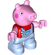 Duplo Figure Child, Pig with Dark Pink Cheeks, Flower, Bright Light Blue Overall print (Peppa Pig)