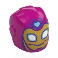 Helmet with Armor Plates and Ear Protectors with Gold Mask, White Eyes, Bright Light Blue Hear, Dark Purple Frame print (Ironheart)