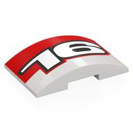 Brick Curved 4 x 6 Double, 2 x 4 Cutout with Red Rectangle, White '16' print