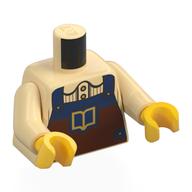 Torso, Tan Sweater, Dark Blue/Reddish Orange Apron with Gold Book Print, Tan Arms, Yellow Hands