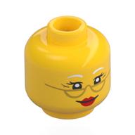 Minifig Head Mrs Claus, White Eyebrows, Gold Glasses, Red Lips