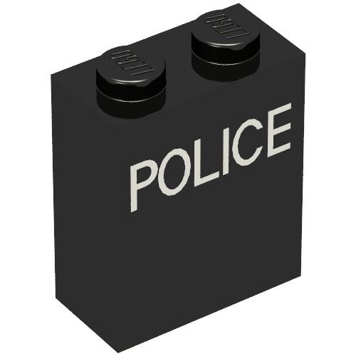 Brick 1 x 2 x 2 with Inside Axle Holder with White 'POLICE' Print