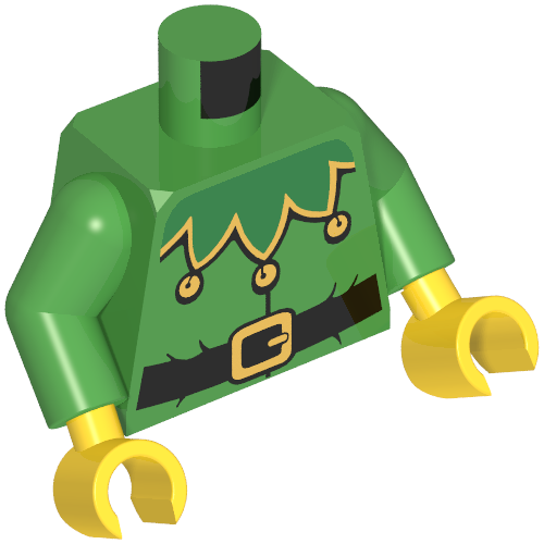 Torso Jacket with Pointed Collar with Bells and Belt Print (Elf), Bright Green Arms, Yellow Hands (973c06h01pr5181)