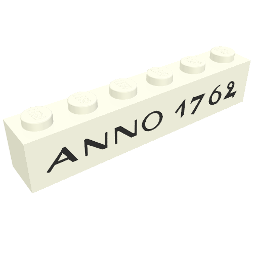 Brick 1 x 6 without Bottom Tubes with Cross Side Supports with Black 'ANNO 1762' Print