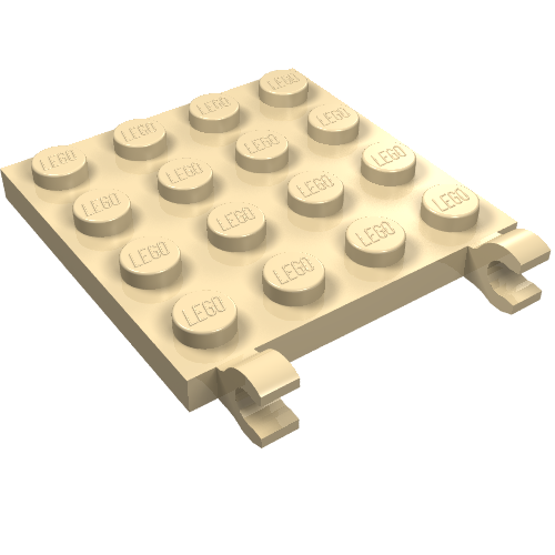 Plate, Modified 4 x 4 with 2 Open O Clips (Horizontal Grip) in tan, LEGO onderdeelnummer 11399