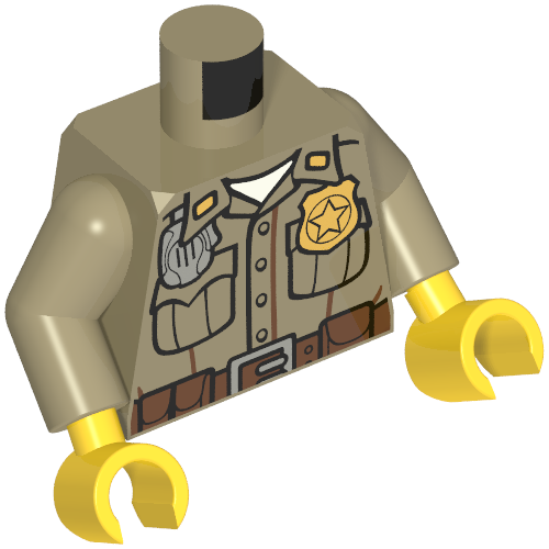 Torso Shirt Button Down with Pockets, Radio, Gold Police Badge and Dark Brown Belt Print, Dark Tan Arms, Yellow Hands (973c11h01pr1943)