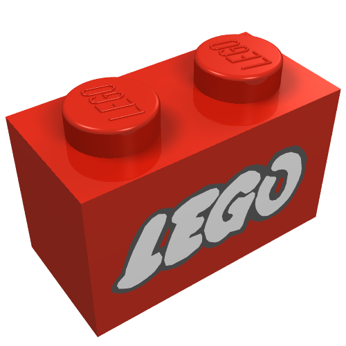 Brick 1 x 2 with LEGO Logo Old Style White with Black Outline Print