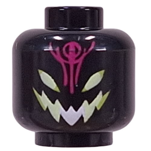 Minifig Head Grimspawn, White/Yellowish Green Mouth, Eyes, Dark Purple Sign
