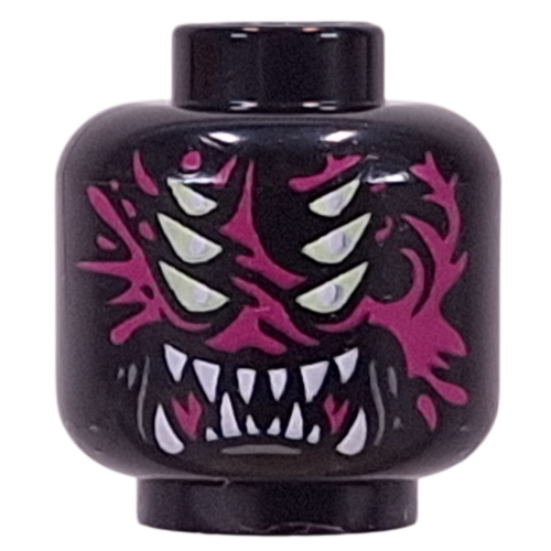 Minifig Head Arika, 6 Yellowish Green Eyes, Magenta Patterns, White Sharp Teeth/Fangs