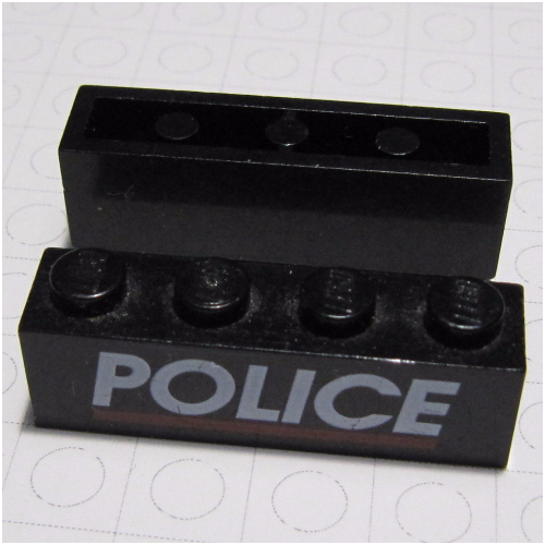 LEGO part Brick 1 x 4 with Bottom Tubes, Lowered Center Cross Support with White 'POLICE' and Red Line Print